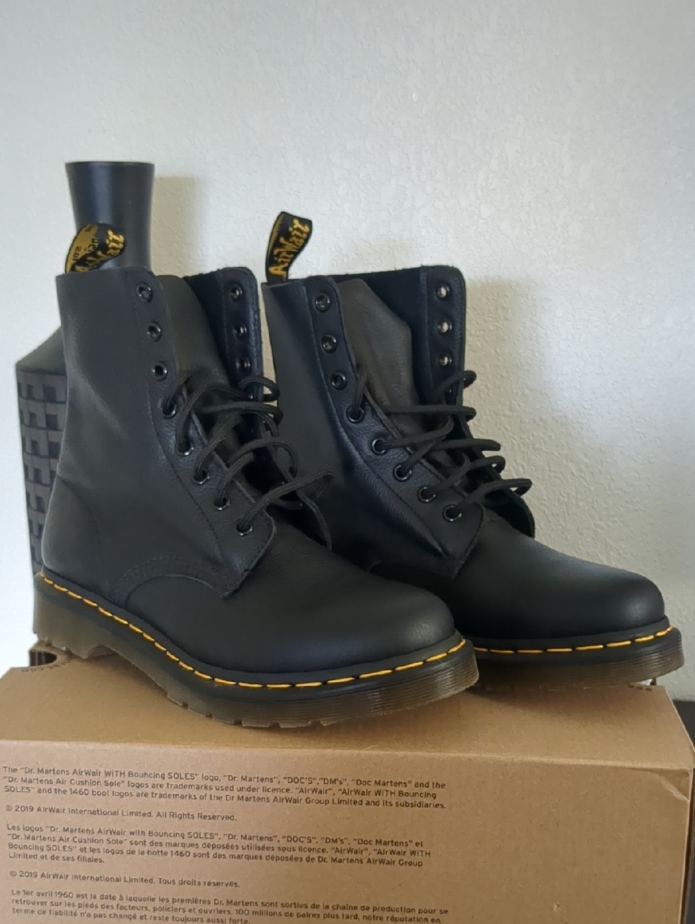 Dr. Martens Black Leather Lace-Up Ankle Boots with Yellow Stitching